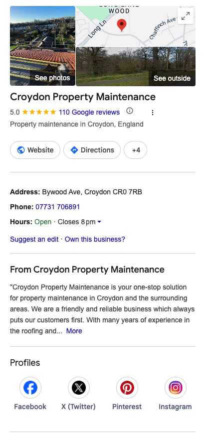 Google Business Profile listing for a Croydon business