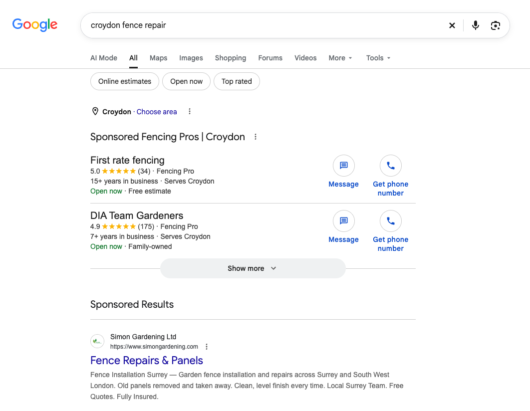Google Guaranteed search results for Croydon fence repair