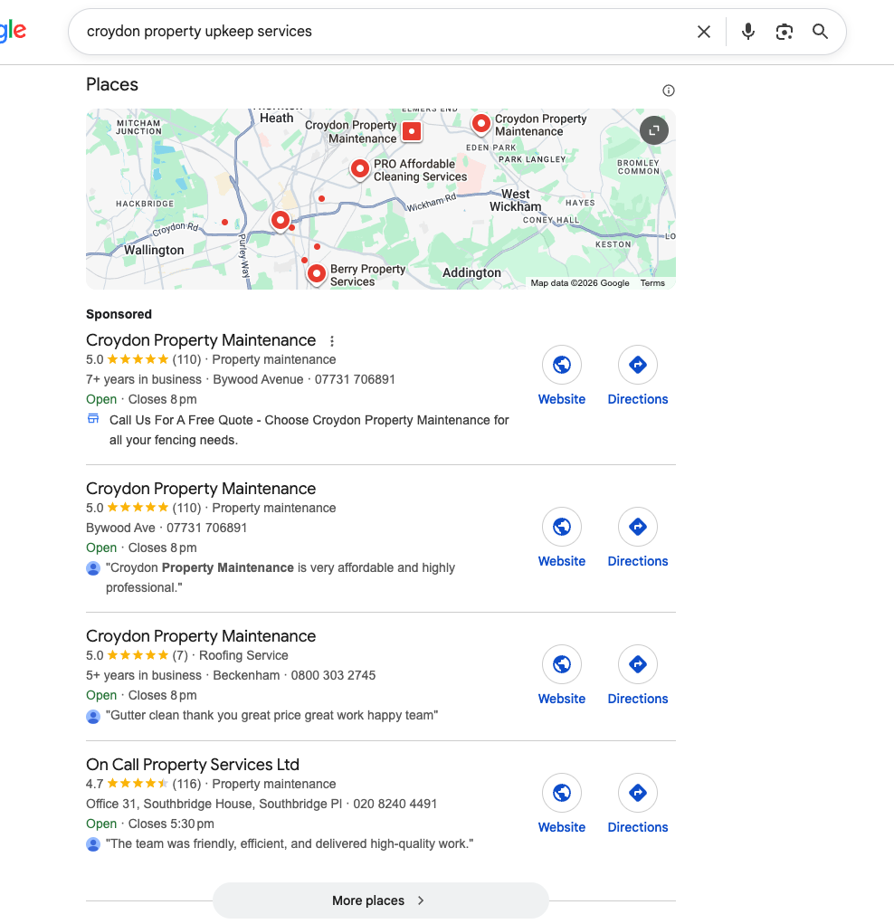 Google search results for a property upkeep in Croydon