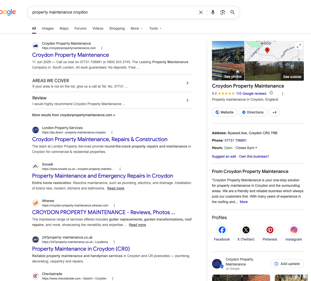 Google search results for property maintenance croydon